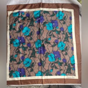Vtg Christian Dior Floral Scarf in Blue and Brown